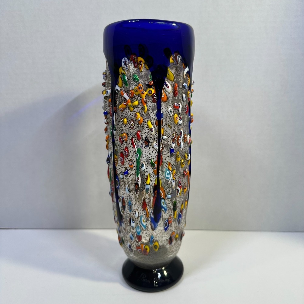 Signed Rossi Murano Millefiori Art Glass Vase Cobalt Blue Silver Foil Italy
